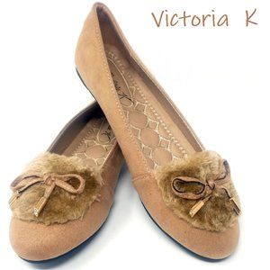 Victoria K Tan Flats with Fur Bow